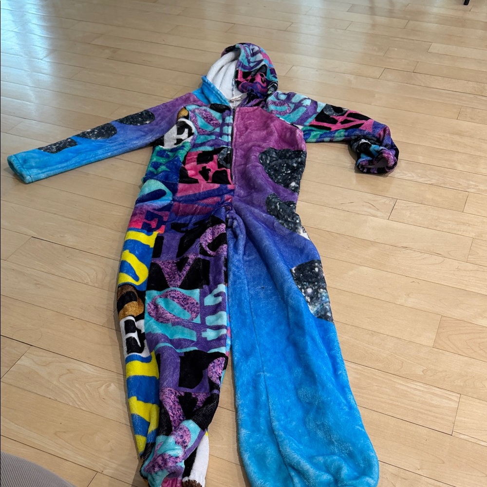 Kids Multicolor Hooded One-Piece Fleece Romper